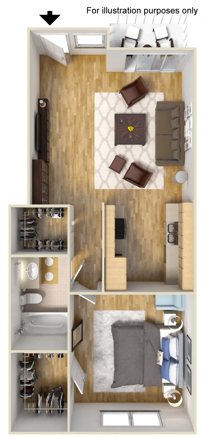 Floor plan for 1 bed, 1 bath, 700 sqft